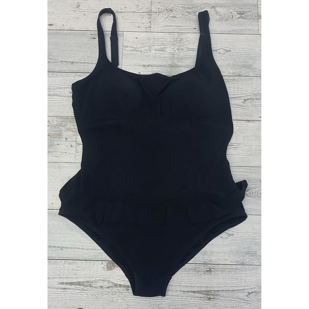 Profile By Gottex One Piece Swimsuit Womens 12 Black Ruffle Adjustable Fun Beach